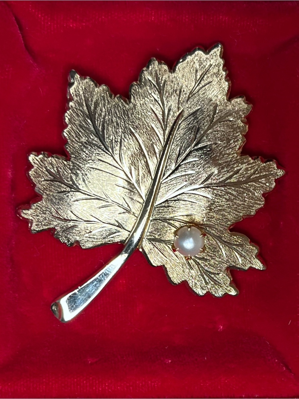 Vintage‎ Sarah Coventry 1967 WHISPERING LEAF Pin Gold Tone with Faux Pearl Bold